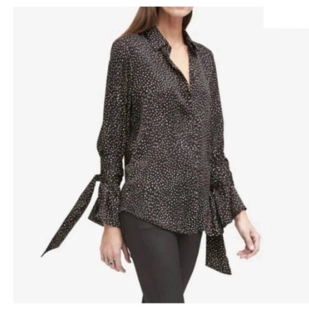 Banana Republic NWOT Dillon Polka-Dot Tie Sleeve Black Blouse Small Preppy Chic
